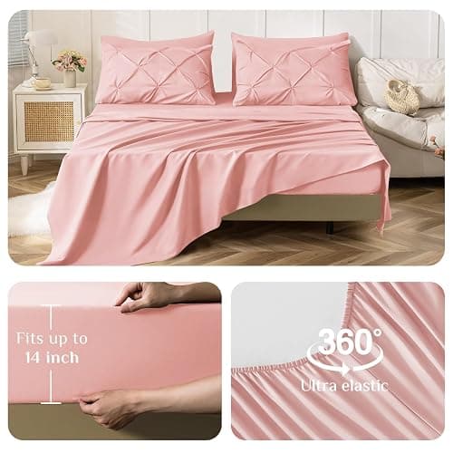JOLLYVOGUE Pink Queen Comforter Set 7 Pieces, Pintuck Bed in a Bag Comforter Sets for All Season?Pinch Pleat Bedding Sets with Comforter, Flat Sheet, Fitted Sheet, Pillowcases & PillowShams - Pink - Queen(88"x 88") thumbnail 4