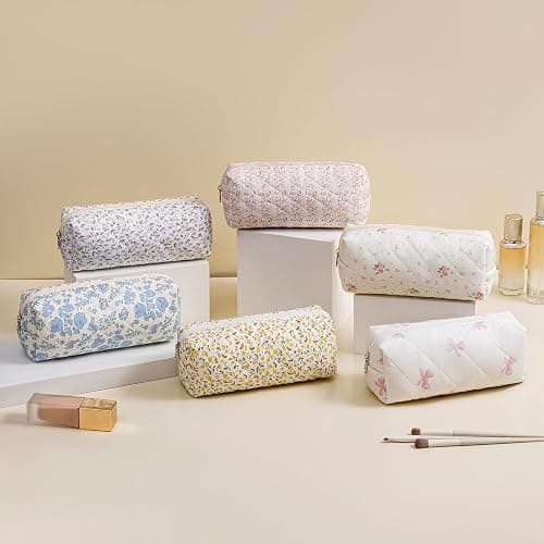HHQQWZ Cute Floral Cotton Makeup Brush Cosmetic Bag for Women, Travel Quilted Zipper Make Up Bag, Flowers Toiletry Organizer Case Kawaii Makeup Cosmetic Travel Cloth Pouch (Pink+Red Floral) thumbnail 7