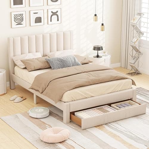Giantex Queen Size Bed Frame with Storage Drawer, Upholstered Velvet Platform Bed with Vertical Channel Headboard, Wooden Slats Support Mattress Foundation, No Box Spring Needed, Beige - Image 1