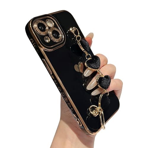 Caseative for iPhone 15 Case,Cute Plating Love Heart Wrist Strap Chain Bracelet Phone Case (Black) - Image 1