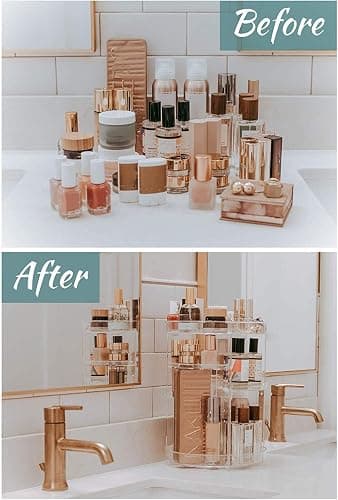 Acrylic Makeup Organizer, Cosmetic Storage and Vanity Perfume Organizers in Countertop Bathroom Dresser, 360 Rotating Makeup Holder Stand for Beauty Caddy Skincare & Clear thumbnail 3