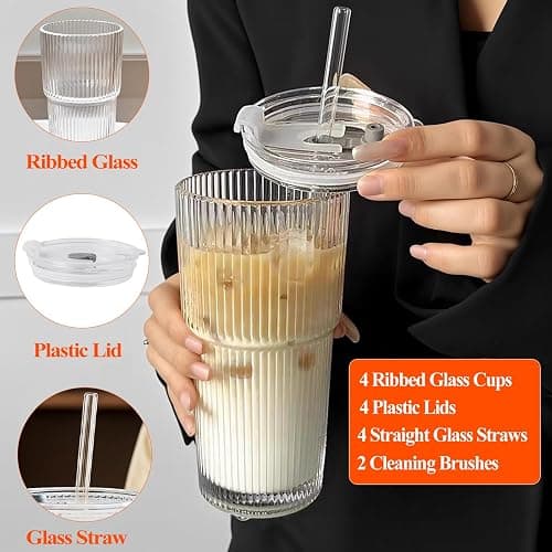 20 oz Ribbed Glass Tumblers with Lids and Straws – Set of 4 Thickened Glassware, Elegant Durable Ribbed Drinking Glasses Bulk for Iced Coffee Cups, Cocktails, Smoothies, Juice, Hot or Cold Beverages thumbnail 4