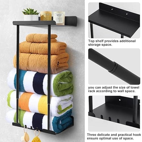 Towel Racks for Bathroom, No Drilling Towel Holder Towel Rack, Towel Storage Wall Mounted, Adjustable Towel Rack Bathroom Storage, Bathroom Towel Shelf for Rolled or Folded Towels, Black thumbnail 3