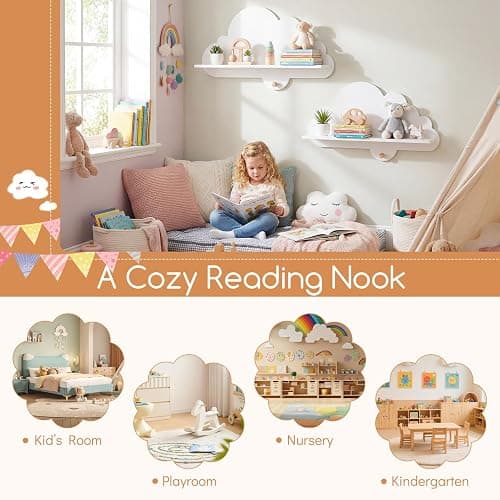 Costzon 2 Pieces Floating Cloud Shelves, Wall Mounted Kids Bookshelf w/Compartments, Cute Corner Bookshelves, Space Saving Wall Shelves for Kid's Room, Nursery, Playroom & Bedroom (White Cloud) thumbnail 7