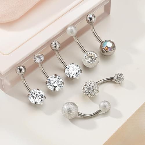 Wssxc 14G Hypoallergenic Surgical Steel Belly Button Ring Cubic Zirconia Belly Button Barbs Body Piercing Set 7Pcs thumbnail 5