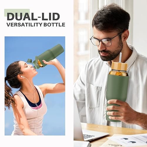 PROBTTL 40 oz Glass Tumbler with Handle - Sports Clear Borosilicate Glass Water Bottle with Straw, Silicone Sleeve, 2 Lids - Handle Spout & Bamboo Straw Lid, Fits Car Cup Holder, Leakproof（Olive thumbnail 6