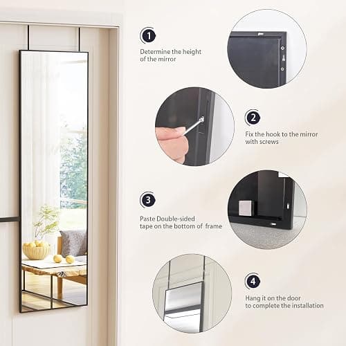 BEAUTYPEAK 14" x 48" Adjustable Height Over The Door Mirror, Rectangular Full Length Hanging Door Mirror with Shatterproof Tempered Glass Aluminum Alloy Frame for Dormitory, Black thumbnail 5