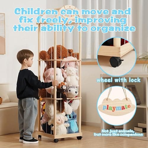 Quewoll Large Stuffed Animal Storage Organizer, 61" High Premium Wooden Cute Zoo Toy Holder for Toddler Rooms, Playrooms & Bedrooms thumbnail 4