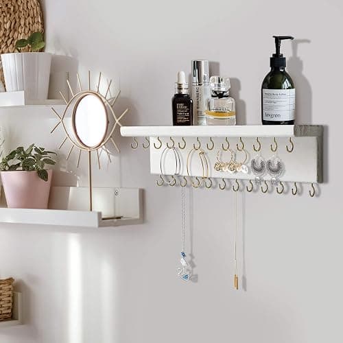 SANY DAYO HOME Jewelry Organizer with 30 Hooks and Cosmetics Shelf, 15 x 3 x 4 inches Wall Mounted Rustic Pine Wood Holder for Necklaces and Bracelets, Suitable for Kids and Adults (Retro White) thumbnail 7