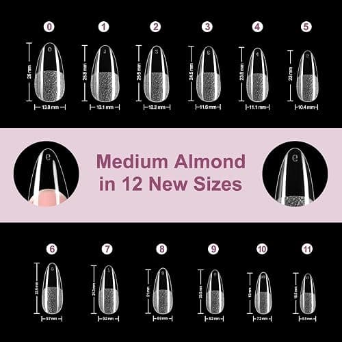Misssix Medium Almond Gel Nail Tips Kit, 216Pcs Pre Etched Clear Fake Nails, Full Cover False Nail 9-in-1 Gel Glue and Portable Mini U V Nail Lamp for Women 12 Sizes thumbnail 7