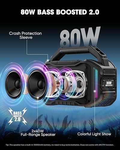 ANCOON Speakers Bluetooth Wireless: 80W(Peak) Loud Speaker with Bass, 20H Playtime, IPX6 Waterproof, Large Jobsite Speakers for Work, Outdoor, Workshop, Garage, Portable Speaker with TWS (Black) thumbnail 2