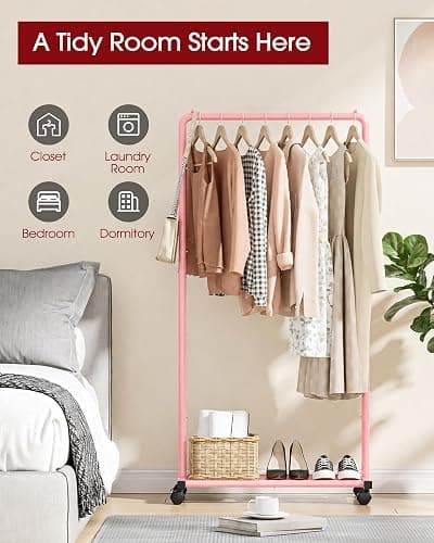 Sakugi Clothes Rack - Clothing Rack with Storage Mesh Shelf & Casters, Heavy-Duty Metal Clothing Rack for Hanging Clothes, Dresses, Coats, Large Load Capacity, Easy Assembly, Pink, 28.0"x16.9"x59.0" thumbnail 8