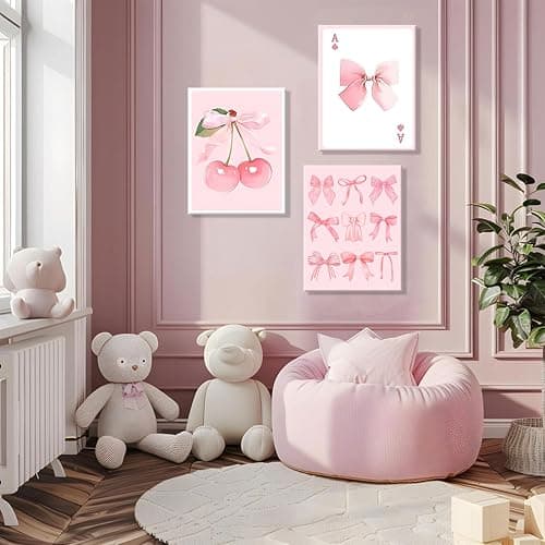 Coquette Pink Bow Canvas Wall Art Set of 3, Cherry Bow Posters Prints for Bedroom, Dorm, Bathroom Decor Painting Preppy Aesthetic Girls Room Decor Artwork for Women Teens Tween 12x16 Inch Framed thumbnail 5