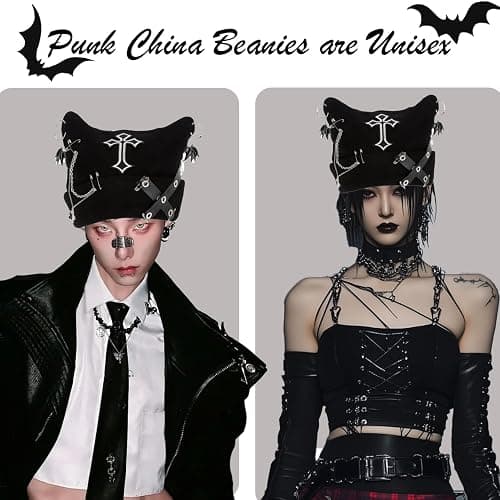 Arogheiz Womens Grunge Beanie Goth Crochet Hat, Y2K Cat Fox Ear Beanie Gothic Accessories Winter Outdoor Streetwear Black thumbnail 3