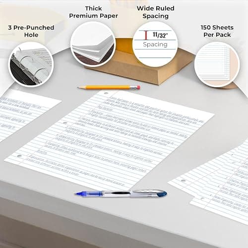 Rosmonde Loose Leaf Paper, 450 Sheets, 3 Pack, 56 gsm Wide Ruled Sheets, 8" x 10.5", Bulk Notebook Paper, 3 Hole Punched, 150 Sheets/Pack, Wide Ruled Paper for Binders, Loose Leaf Office Paper, White - Wide Ruled - 3 Pack (450 Sheets) thumbnail 4