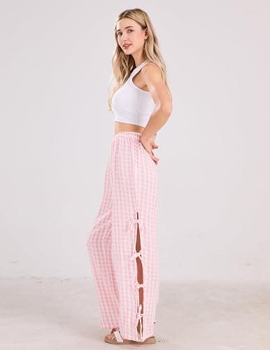 codcm Womens Gingham Striped Wide Leg Pants Y2k Lounge Pants Lace Up Loose Trousers thumbnail 4