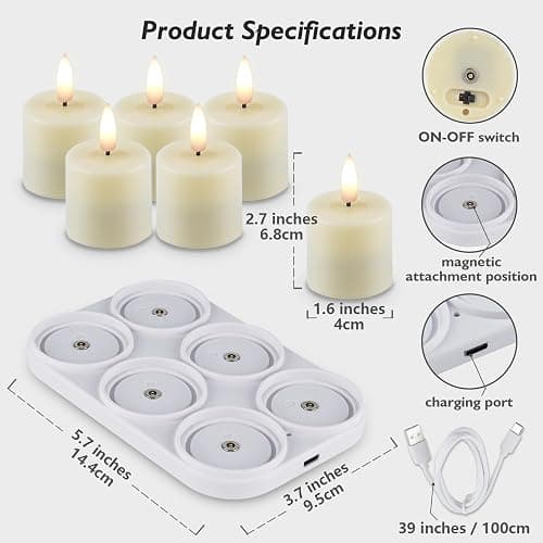 Rhytsing 6 Rechargeable Flameless Votive Candles with Timer for Home Decor, Led Faux Battery Operated Tealight Candles with Magnetic Charging Base, Type-C USB Cable, Remote Included-D1.6 X H2.7 inches thumbnail 3