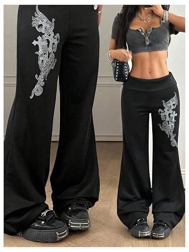 Milumia Women's Gothic Grunge Graphic Foldover Pants Y2k Low Waist Trousers Sweapants thumbnail 5
