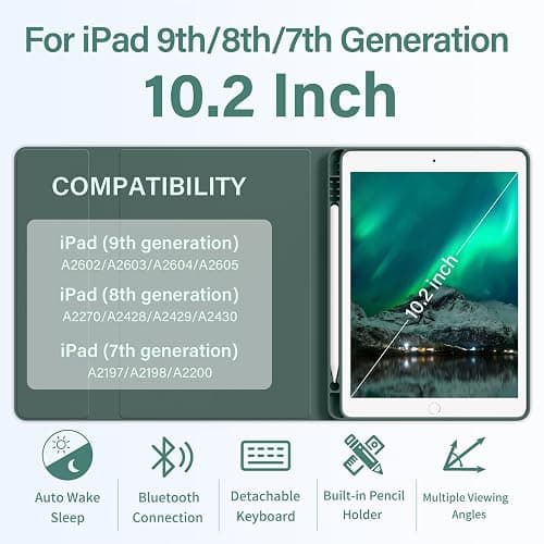 BQDIYOO Keyboard Case for iPad 9th/8th/7th Generation(2021/2020/2019), 10.2 inch iPad 9/8/7 Case with Keyboard, Auto Wake Sleep Cover with Pencil Holder, Dark Green thumbnail 2