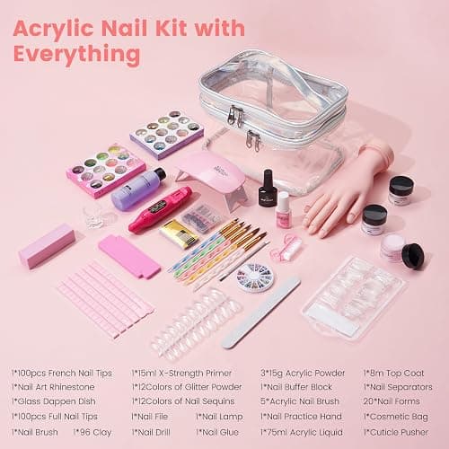 Nail Kit for Beginners with Everything: Professional Nail Acrylic Powder Liquid Set with Practice Hand Drill U V Light in Cosmetic Bag for Women Salon Home (Silver) thumbnail 6