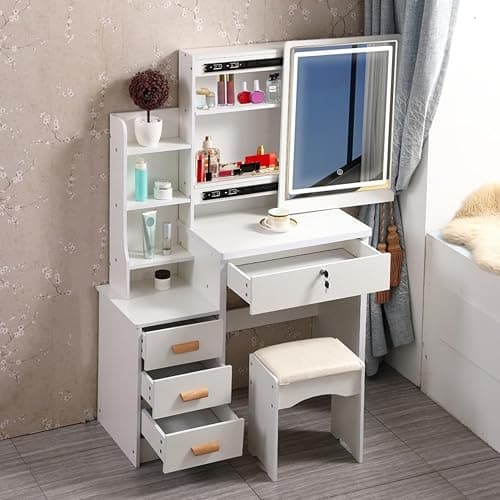 Dressing Table,LED Lights with Adjustable Brightness,Vanity Table with Mirror,4 Drawers,6 Storage Shelves,Makeup Table with Mirror and Stool,Dressing Table with Lighted Mirror,Modern Bedroom Dresser thumbnail 4