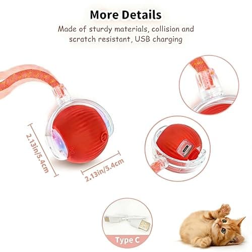 Interactive Cat Toy Ball, Automatic Cat Toys for Indoor Cats with 3 Modes | LED Light, 3 Replaceable Tails, Rechargeable Rolling Toy with Smart Sensor for Kittens & Adult Cats,USB Rechargeable thumbnail 4
