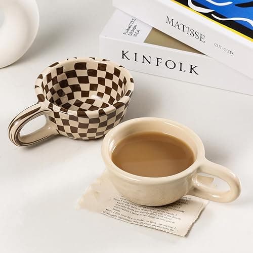 Miaexaugsh Irregular checkerboard coffee mug gift ceramic mug,Pottery,Tea Cup for Office and Home (Brown) thumbnail 2