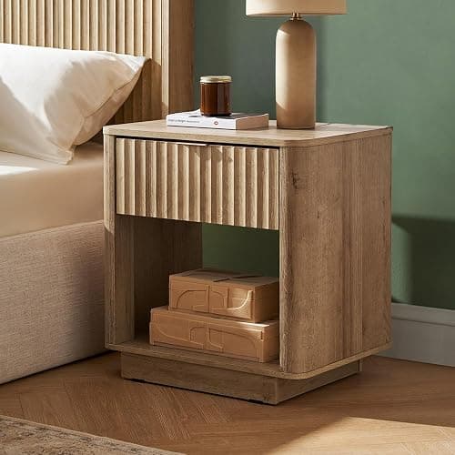 mopio Brooklyn Fluted Nightstand, Modern Farmhouse Nightstand, Small Side, Wood Bedside Table with Drawer, End Table with Storage, Fluted Night Stand, Curved Profile (Golden Oak, Single) - Image 1