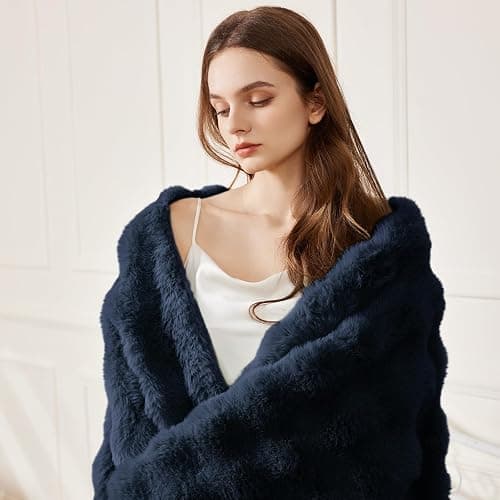 Faux Rabbit Fur Throw Blanket for Couch, Fluffy Warm Plush Thick Bubble Blanket for Bed Sofa Living Room, Soft Cozy Furry Blanket, 50x60 inches, Navy Blue thumbnail 7