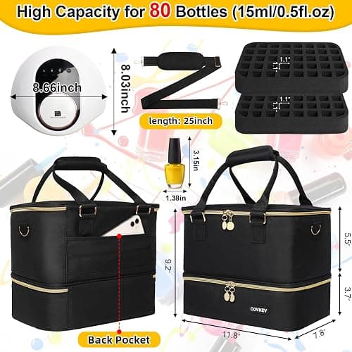 Covkev Nail Polish Organizer Hold 80 Bottles (15ml/0.5 fl.oz)& Nail Lamp, Double Layer Nail Bag Organizer Case with Handle, Large Nail Supplies& Kit Storage Case for Women Travel (Black& Golden) thumbnail 7