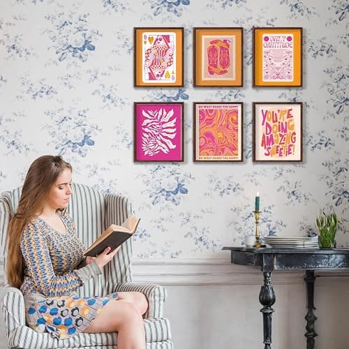 6 PCs Pink and Orange Wall Art Prints Preppy Wall Decor Preppy Stuff Funky Trendy Poster Modern Girly Painting for College Drom Apartment Living Room Girls Bedroom Home Decorations thumbnail 5
