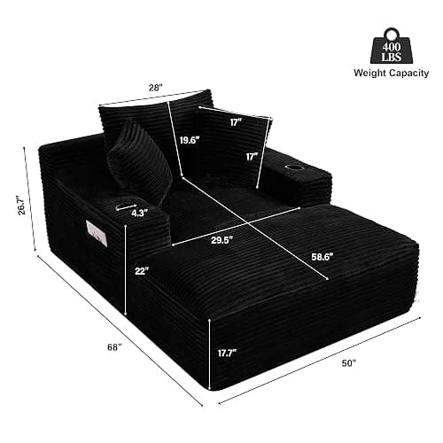 68" Oversized Boneless Chaise Lounge Chair Indoor with Cup Holders,Black | Plush Corduroy Reading Chair Cloud Deep Seat Sleeper Couch with 3 Pillows, Comfy Sofa Bed for Living Room,No Assembly thumbnail 2