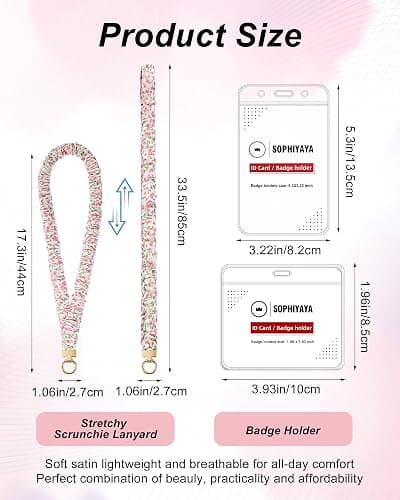Scrunchie Lanyard with Badge Holder for Teachers & Office Workers | Pink Floral Teacher Lanyard for Women with 2 Card Clear Badge Holder-Soft & No-Tangle thumbnail 2