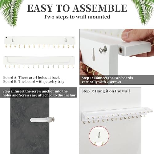 YYILIS Necklace Holder, Upgraded Extra Large Wall Necklace Organizer with 30 Hooks Wall Mounted Necklace Hanger with Jewelry Tray/Cosmetics Shelf Rustic Pine Wood Holder (White) thumbnail 6