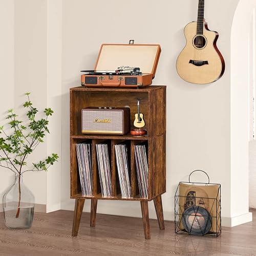 Lerliuo Record Player Stand, Brown Turntable Stand Holds up to 160 Albums, Mid-Century Vinyl Storage Cabinet Table with Solid Wood Legs, Record Player Holder Dispaly Shelf for Bedroom Living Room thumbnail 7