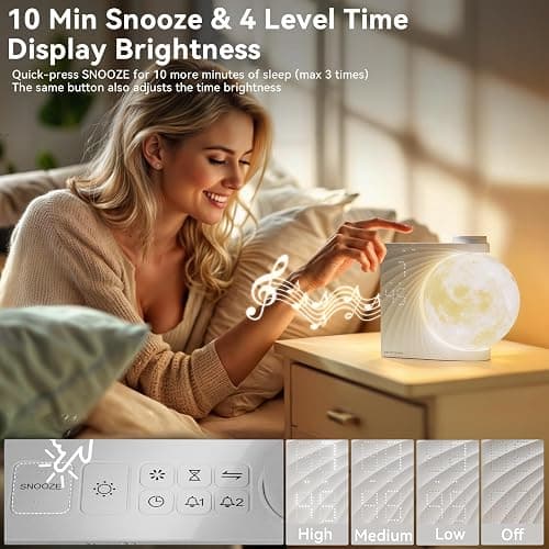 RETEYUNG Mondlampe mit Tageslichtwecker, 2 Wecker, Mondlicht RGB 8 Colors, 10 Natürlicher Klang, Nachttischlampe 3 Stufige Nachtlicht Wake up Light für Schlafzimmer Wohnzimmer (Weiß) thumbnail 3