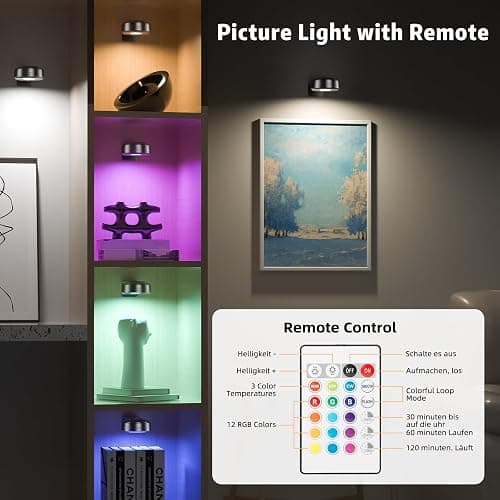 3PCS Picture Lights, Rechargeable Battery Magnetic Poster Lights with 3 Color Temps&12 RGB, Dimmable and Timer Metal Art Light for Display, Wall, Artwork, Gallery (Black) thumbnail 6