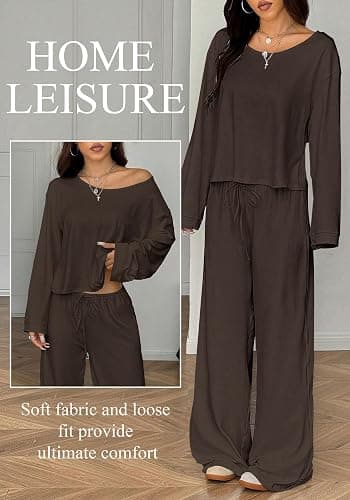 TDCoool Two Piece Matching Lounge Sets For Women Vacation Airport Fall Outfits Off Shoulder Sweatshirt Wide Leg Sweatpant Set thumbnail 5
