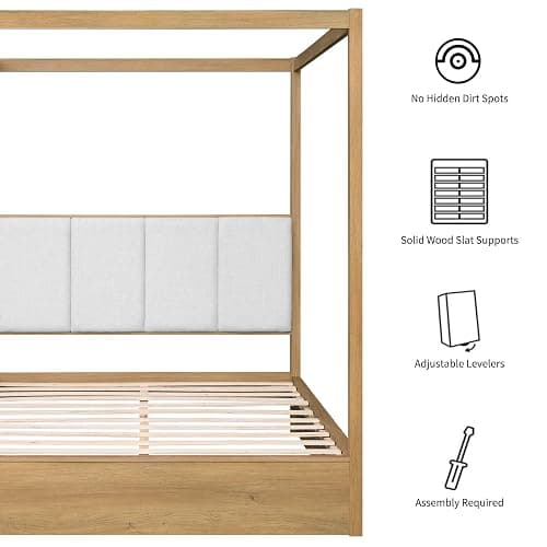 WAMPAT Wood Canopy Bed Frame Queen Size, Oak Bed w/Solid Wood Posters | Modern Wooden Bed Frame w/ 12 Slats & Support Legs, 800 lbs Capacity, No Box Spring Needed, Upholstered Headboard for Bedroom thumbnail 4