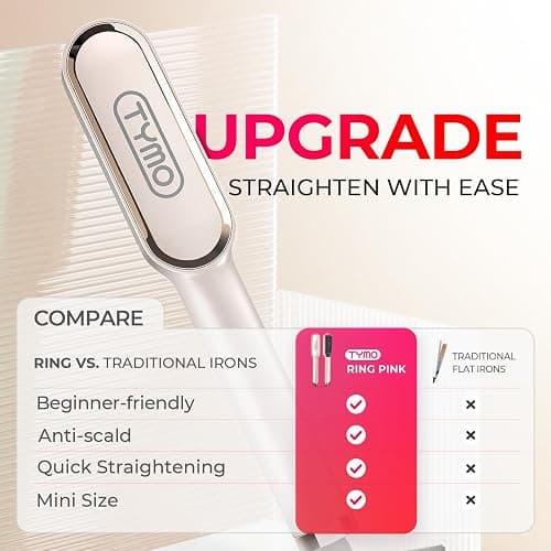 Hair Straightener Brush, TYMO Ring Hair Straightener Comb Straightening Brush for Women with 5 Temps 20s Fast Heating & Dual Voltage, Gold thumbnail 2