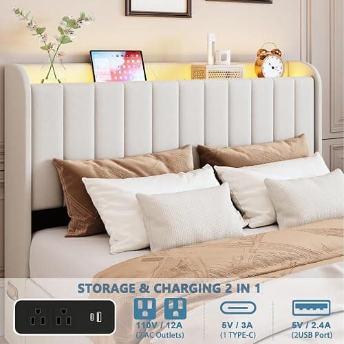 Queen Bed Frame with 4 Drawers and Storage Headboard, Upholstered Platform Bed Frame Queen Size with Led Lights and Handy Charging Station, No Box Spring Needed, Easy Assembly, Noise Free, Beige thumbnail 3