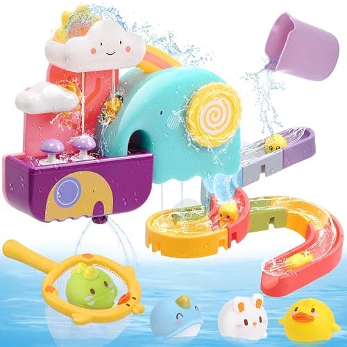 CUTE STONE Baby Bath Toys, No Hole Floating Squirting Bathtub Toy W/ Water Slide Building Track, Duck Fishing Net Game, Toddler Shower Toys, Water& Pool Toys, Educational Gifts for Boys Girls - Image 1