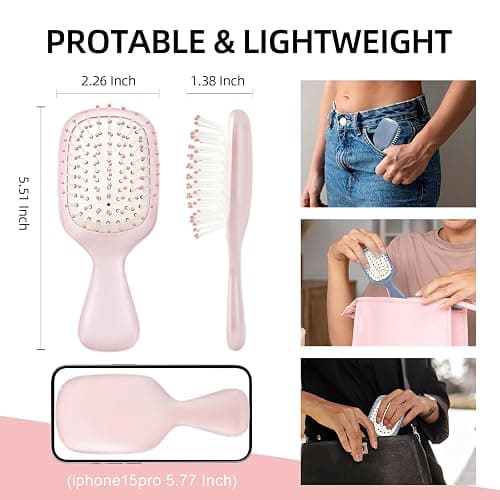 Jurrissa Mini Hair Bursh for Women Men and Kids, Protable Travel Size Hair Brush for Pockets Purses, Mini Detangler Brush for All Hair Types, Small Paddle Brush for Detangling (Pink) thumbnail 2