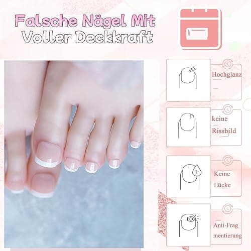 Virellay 240 Stück Falsche Fußnägel Kit, Französische Kurze Fußnägel zum Aufkleben, Weiß Rosa French Fußnägel Tips, Full Cover Acryl Zehen Nagelspitzen für Maniküre DIY, Fake Nails für Frauen thumbnail 2