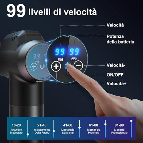 Pistola Massaggio Muscolare Professionale con 99 Velocità Regolabili, 6 Testine Intercambiabili e Display LCD Tattile Silenzioso per Massaggio Profondo - Allevia Dolori Muscolari di Schiena thumbnail 2
