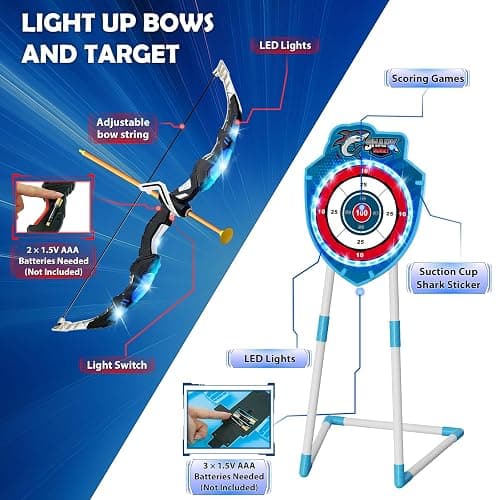 VATOS 2 Pack Bow and Arrow Toy with LED Light - 4 in 1 Archery & Dart Game Set with 20 Suction Cup Arrows, Shark Glow Target & Dart Board - Indoor/Outdoor Birthday Gift for Kids Boys Girls Ages 5-12 thumbnail 5