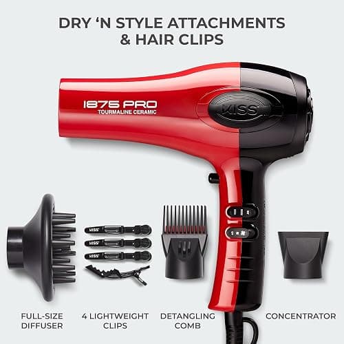 Kiss 1875 Watt Pro Tourmaline Ceramic Hair Dryer, Styling Edition, 3 Heat Settings, 2 Speed Settings, Cool Shot Button, 7 Blow Dryer Accessories Included, 2-Year Warranty - Red thumbnail 7