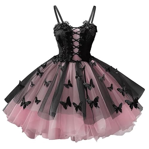 Mauuwy Gothic DAMA Dresses for Teens Black Tulle Short Prom Dress 3D Butterfly Homecoming Dresses for Girls - Pink - 14