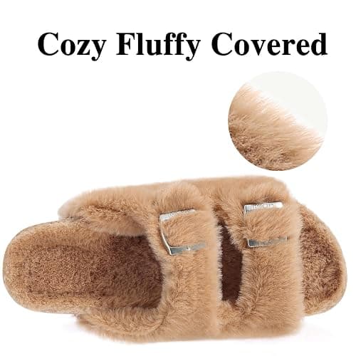 KIDMI Fuzzy Slippers Women with Cork Footbed Fluffy Slides Open Toe Indoor House Shoes | Arch Support | Adjustable Buckles thumbnail 6