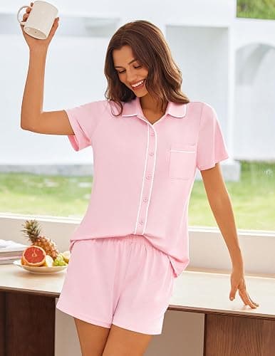 Ekouaer Womens Pajama Sets Button Down Lounge Set 2 Piece Loungewear Soft Sleepwear Short Sleeve Pjs with Pockets thumbnail 4